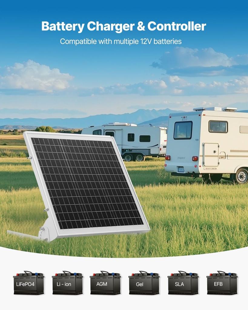 20W 12V Solar Battery Trickle Charger Maintainer, Mono Solar Panel Battery Charger with Built-in MPPT Controller & Adjustable Mount Bracket, IP65
