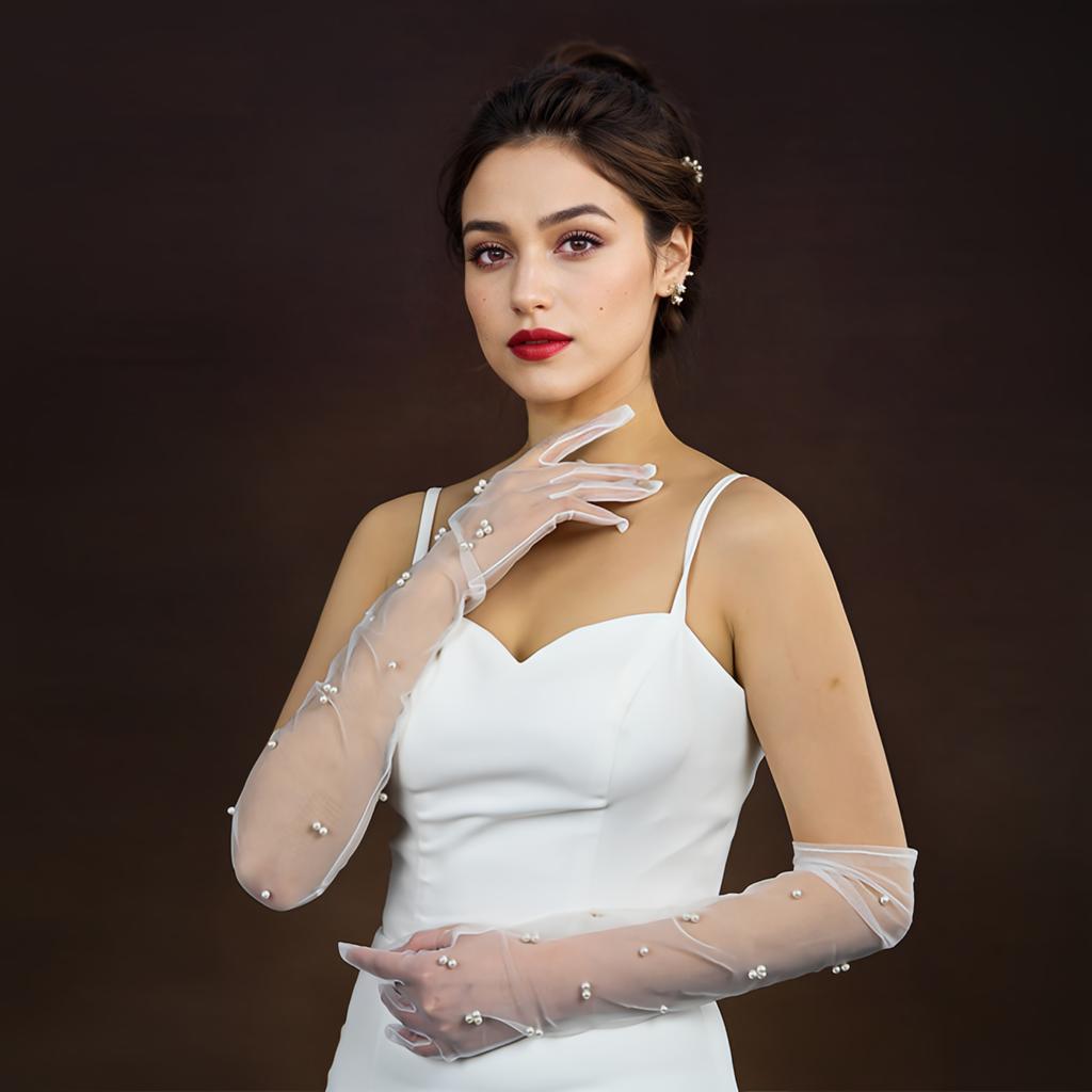 Винтажные прозрачные свадебные перчатки с жемчугом, длинные варежки до локтя, сетчатые нарукавники, женские вечерние аксессуары для свадебного платья, фото VPM07