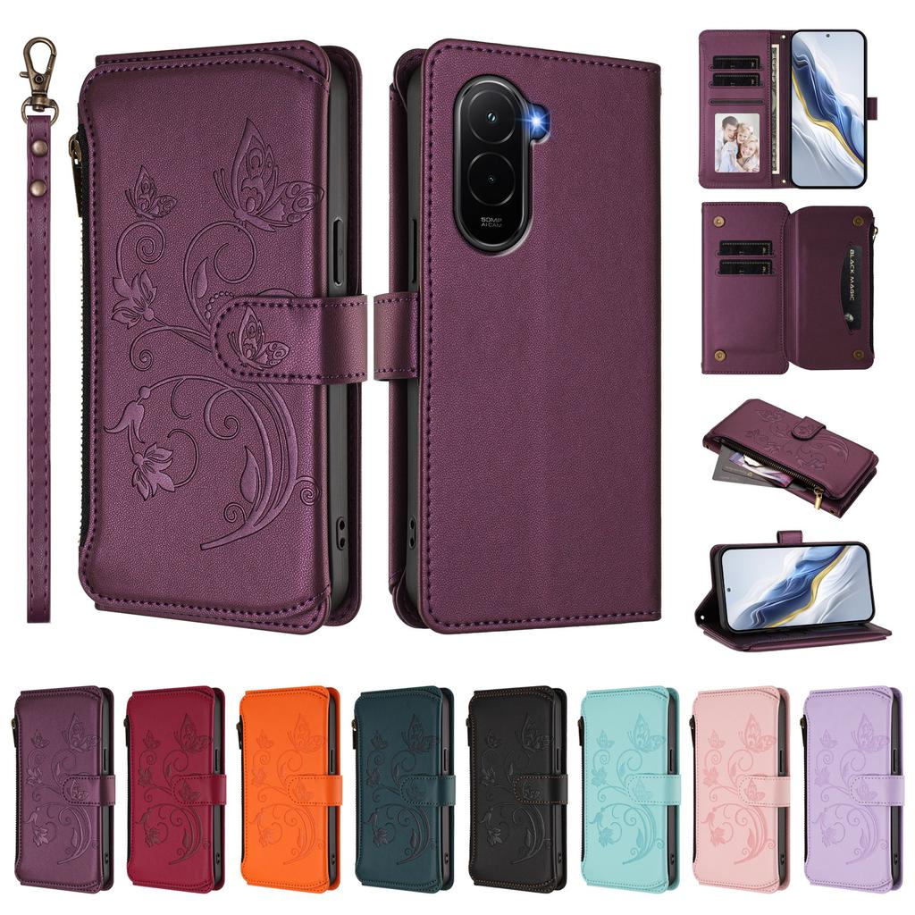 Для Xiaomi Poco M7 Plus 5G/M7 4G (169 мм) Кожаный чехол с цветочным тиснением в виде бабочки, кошелек на молнии, подставка, крышка с ремешком на запястье