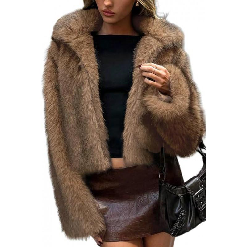 Womens Short Faux Fur Jacket - Brown Black Tip Street Style Fall 2026