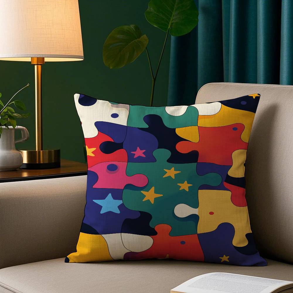 Cute Jigsaw Puzzle Pillow Case Plush Fabric Soft Pillowcase Double Sided Print Sofa Cushion Cover Throw