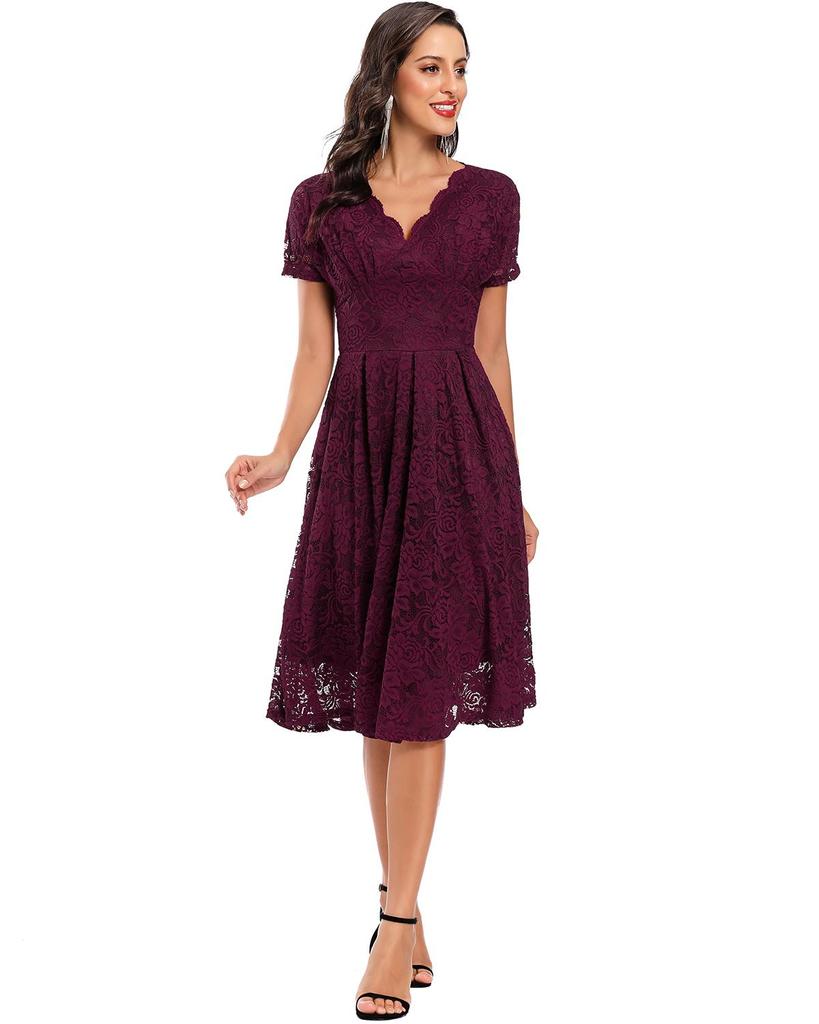 Женское кружевное платье миди с V-образным вырезом и короткими рукавами, приталенное по талии, для выпускного вечера, подружки невесты, гостя на свадьбе, вечеринки, коктейля, вечернего мероприятия