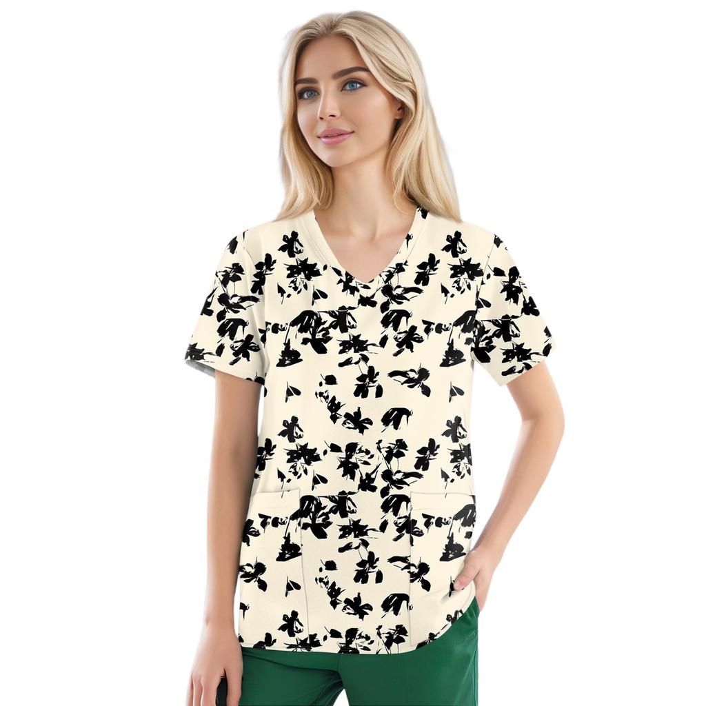 Рабочая форма больших размеров с принтом, топы для женщин, забавные футболки с v-образным вырезом и короткими рукавами, рабочая одежда, футболка с карманами