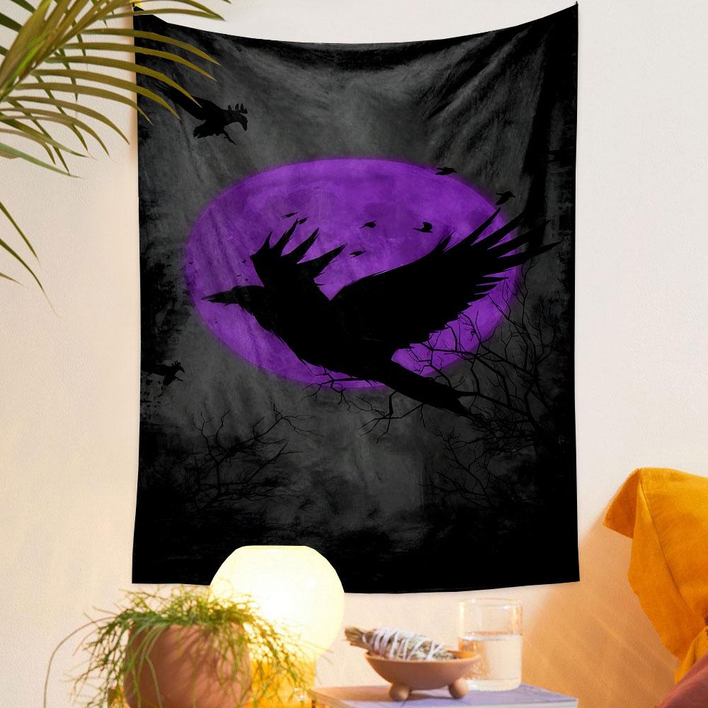Purple Moonlit Crow Silhouette Design Patterned Tapestry Decorative Wall Hanging, Home Bedroom Living Room Decor