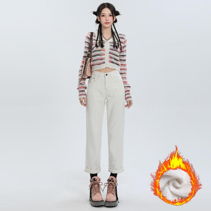 Плюшевые джинсы для женщин с зимними плюшевыми прямыми брюками для женщин с осенне-зимними толстыми прямыми свободными широкими штанинами, стройнящие брюки длиной девять точек