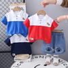 Комплект с короткими рукавами для мальчиков Детская рубашка-поло с цветными блоками Bear Повседневные джинсовые шорты Детский простой комплект из двух предметов