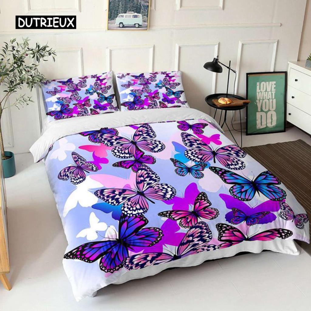 Комплект пододеяльников с бабочками размера Queen, сине-белое одеяло с принтом бабочек для девочек, детей и подростков, микрофибровое одеяло
