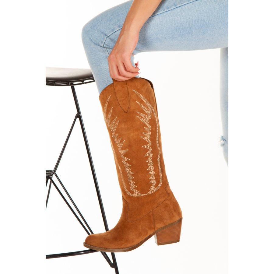 Женские замшевые высокие сапоги в западном стиле на низком каблуке