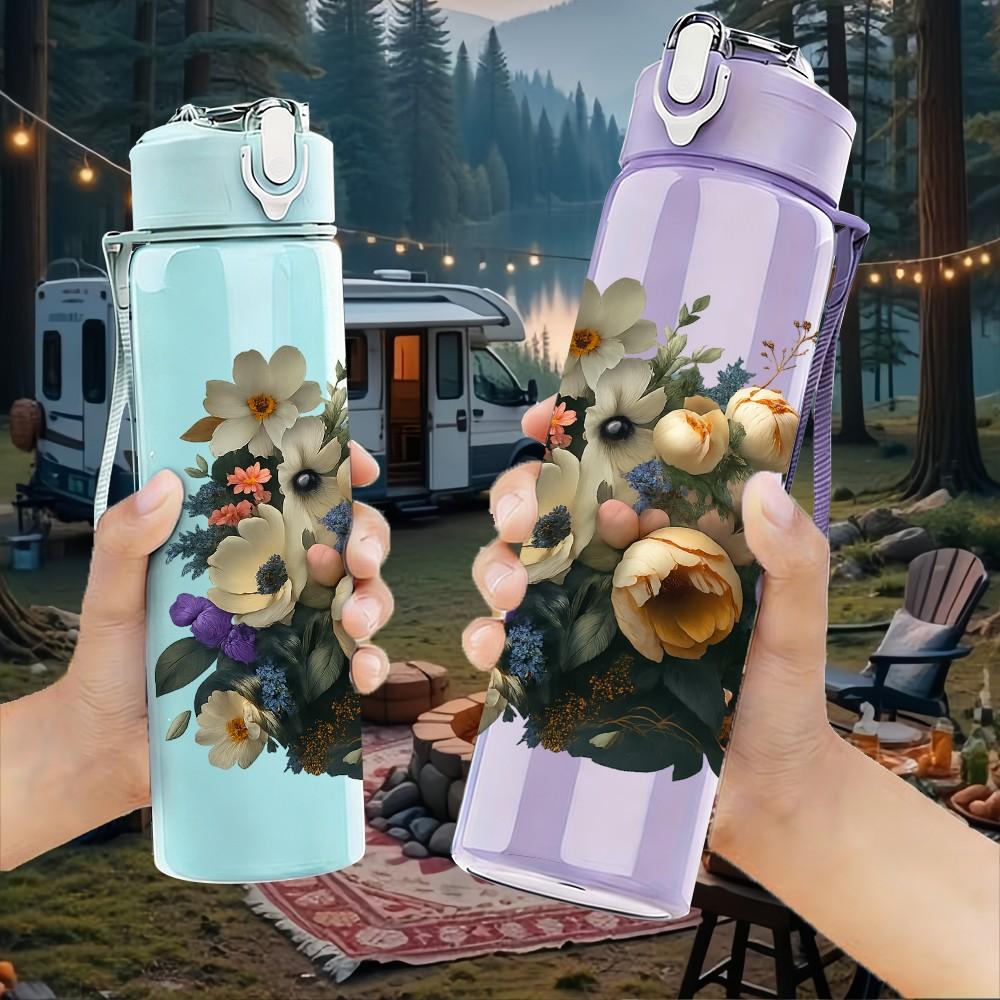 1PC Wild Floral Bouquet Pattern 750ml Color Plastic Sports Water Bottle Leakproof Flip Straw Lid Suitable for Sports Office Home Use