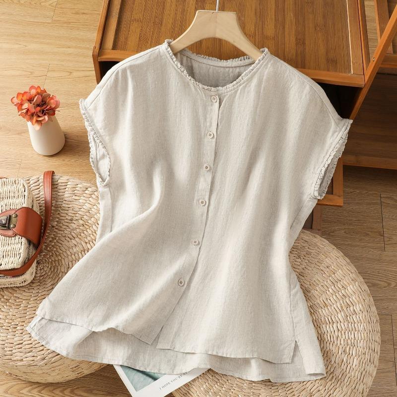 Women Solid Color Ruffle Linen Cotton Shirt Casual Cap Sleeve Breathable Summer Blouse