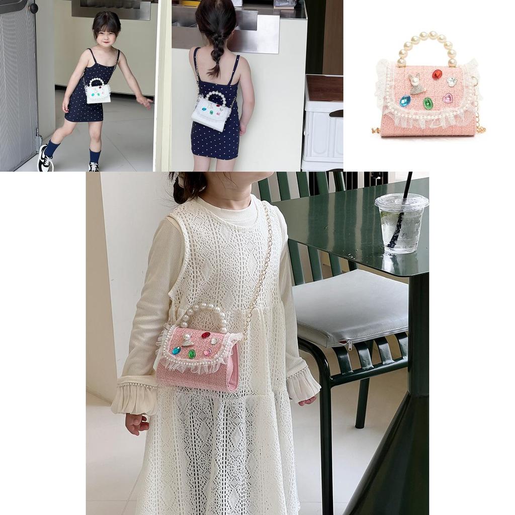Chic And Fashionable Kids Handbag Featuring Cute Lace And Rhinestones For Girls