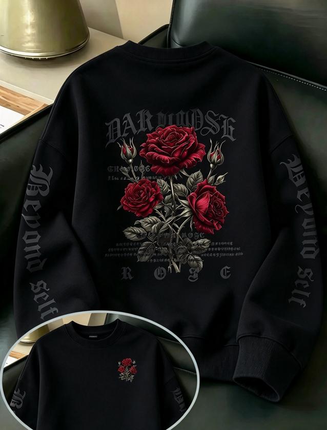 Dark Rose Hoodie Unisex Oversized Pullover Back Sleeve Gothic Red Rose Print Sweatshirt Punk Streetwear Autumn Long Sleeve