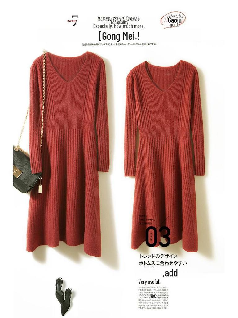 Women's Pure Wool V-Neck Ribbed Knit Dress: Slim, A-Line, Warm Autumn/Winter Sweater Skirt.