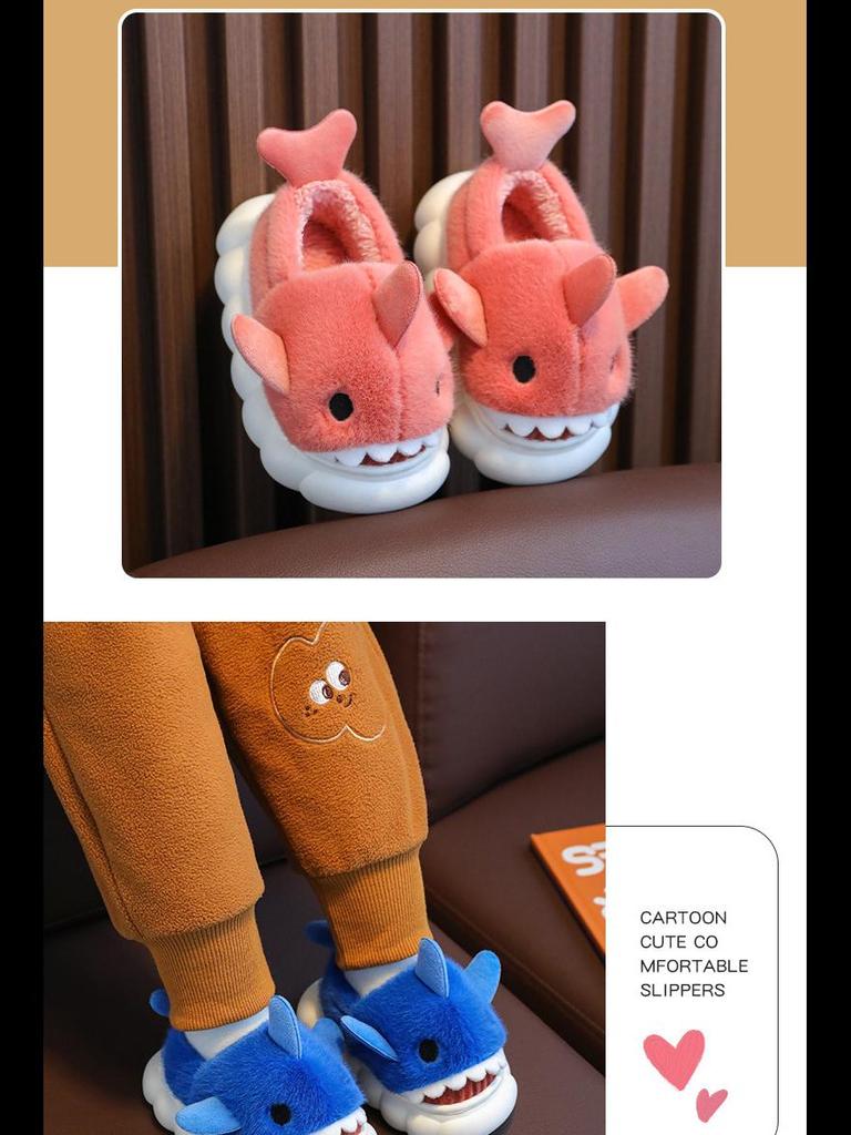 2023 Акула Мультфильм Нескользящие Хлопковые Тапочки Для Детей - Зимняя Обувь На Каблуке Для Девочек И Мальчиков