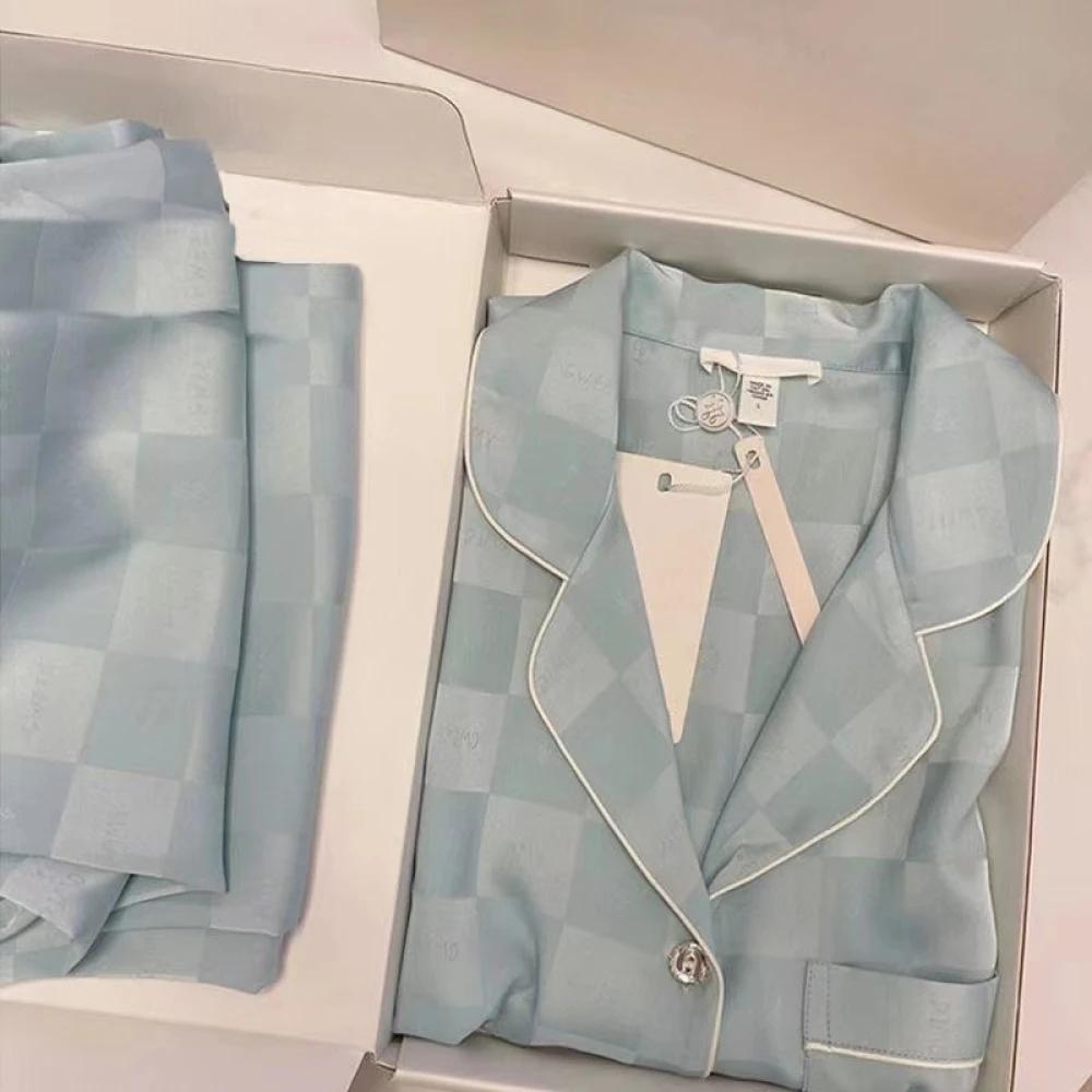 Весна Осень Жаккард Ледяной Шелк Женские Пижамы Комплекты Из Двух Частей Длинные Рукава Штаны Пижамы Классическая Элегантная Женская Домашняя Одежда