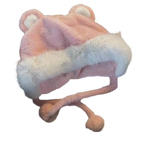 Women Plush Hat with Cute Bear Ears Soft Fuzzy Warm Thick Lace-up Windproof Strap Autumn Winter Outdoor Cycling Girls Ear Protection Cap Gift Choice