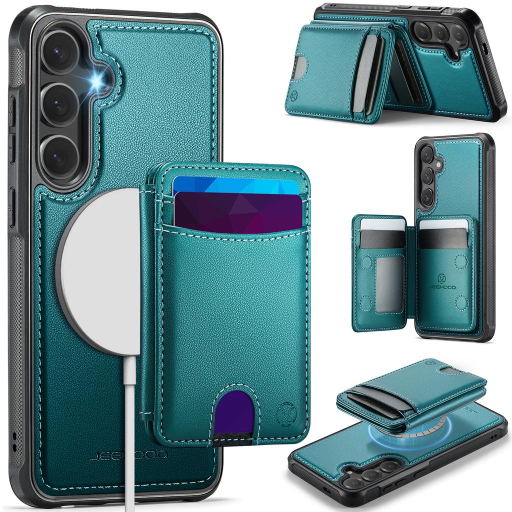 For Samsung Galaxy S25 Magnetic Case JEEHOOD J10 Leather Back Phone Cover with Detachable Card Holder Kickstand