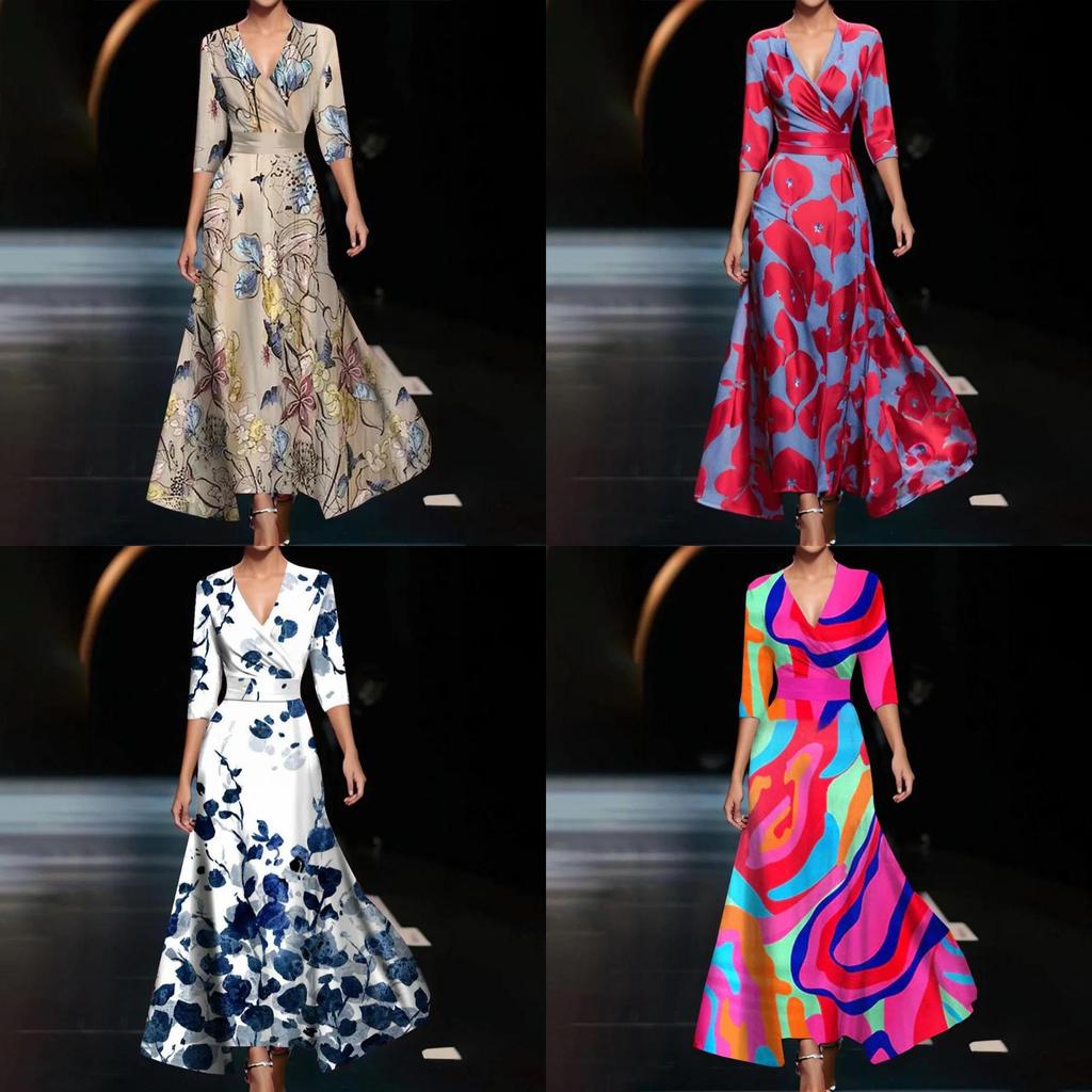 Summer Polyester 3d Effect Print Vneck Midi Dress For Office Chic Women