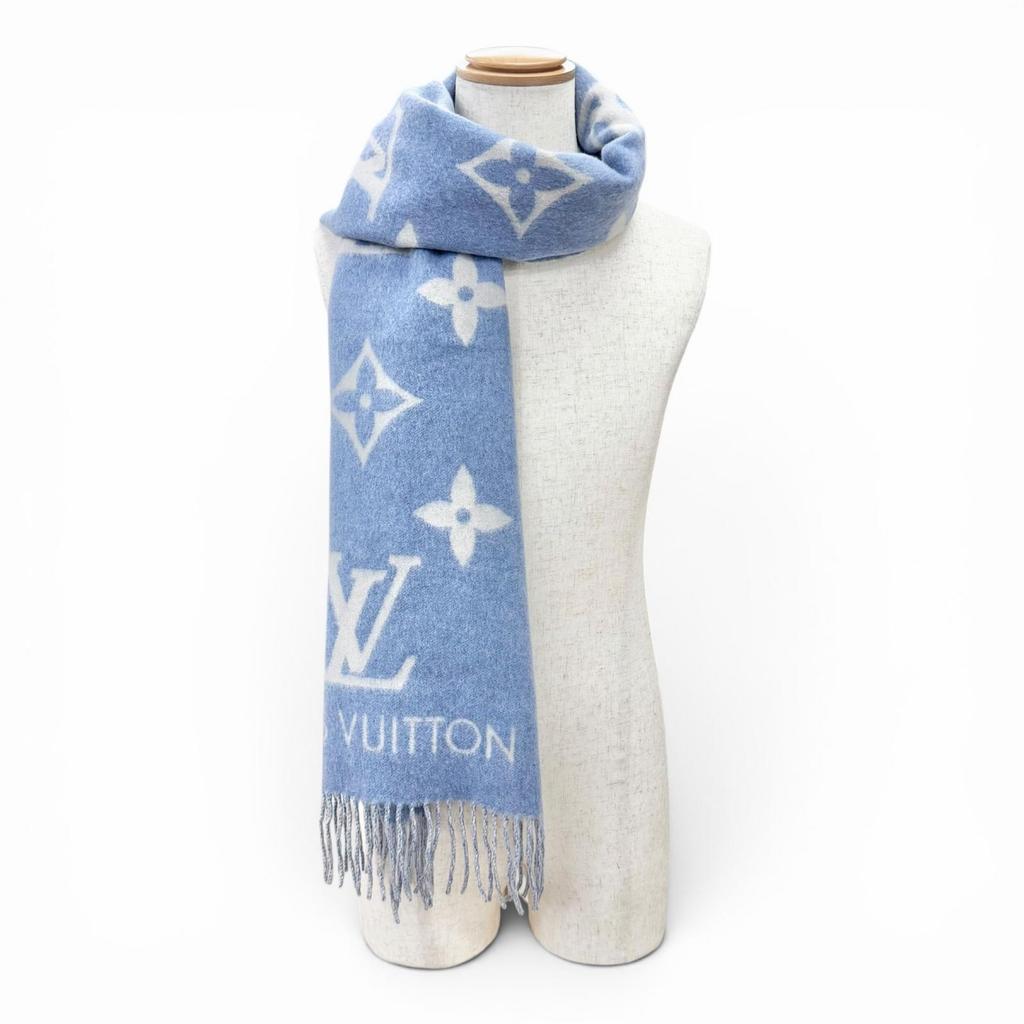 Great LOUIS VUITTON Scarf Escalp Reykjavik Monogram fringe blue cashmere M75704 Used