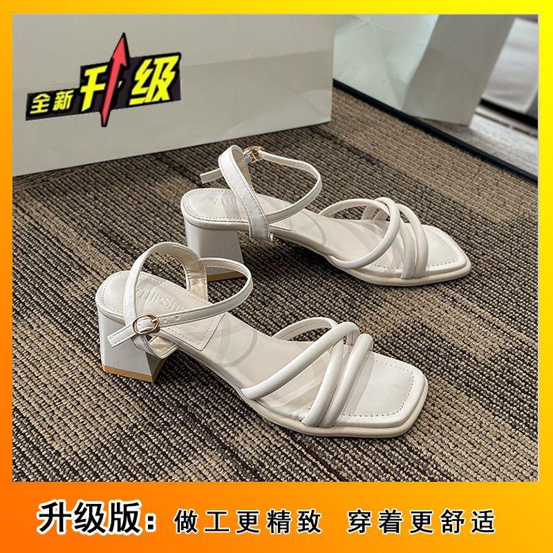 Однословная пряжка, квадратный носок, высокий каблук, средний толстый каблук, универсальный сказочный стиль, босоножки с открытым носком, женские летние новые модели