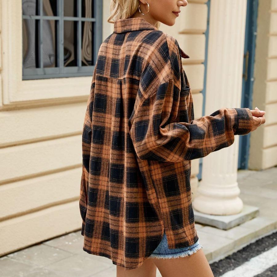 Autumn Winter Thick Long Shirts Lapel Long Sleeve Pocket Button Checkered Shirt Casual Plaid Blouse Jacket Top for Women