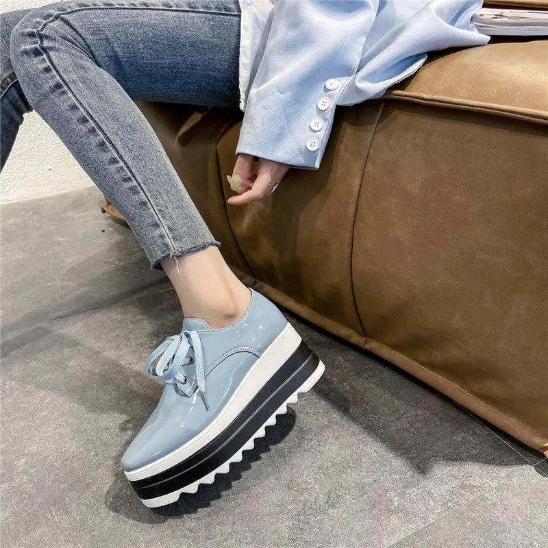 Женская обувь, Туфли на платформе на танкетке, Женские 41 Лоферы из лакированной кожи в британском стиле на толстой подошве на шнуровке