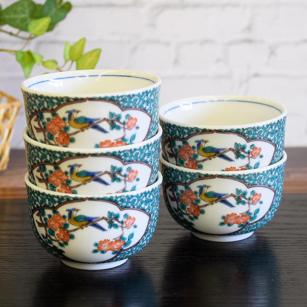 Waza no Kura Stylish Kutani Ware Set of Green Arabesque Flower and Bird Perfect for Grand and Guest Teacups, 5, Design, Housewarming, Opening,