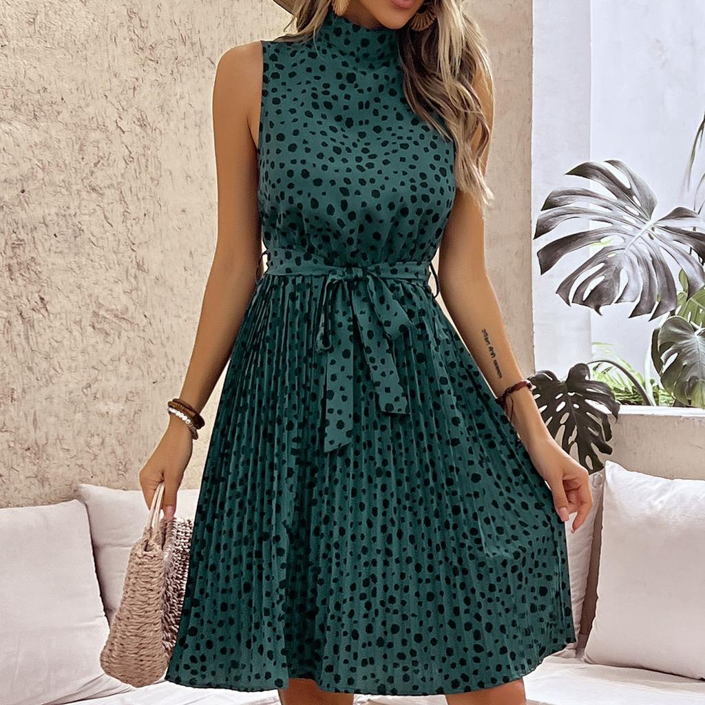 Women's Fashion Summer Spring Leopard Print Sleeveless Half Turtleneck Casual Dresses