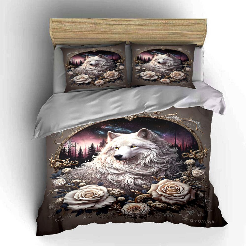 White wolf, roses, forest. Bedding sets Duvet cover sets Duvet covers Pillowcases(1* Duvet Cover 2* Pillowcases without duvet insert)