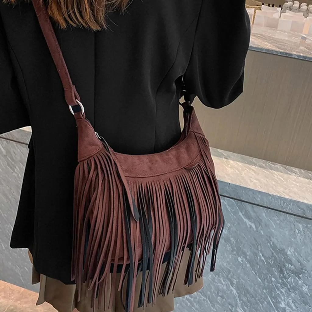 Large Retro Fringed Handbag Totes Bag PU Messenger Bag Zipper Soft Ethnic Style Women’s Fringed Leather Shoulder Bag