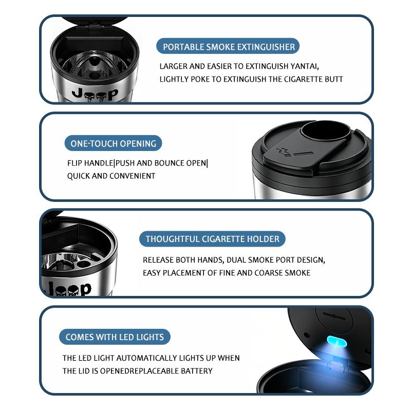 Car Ashtray One-button Open Lid Ashtray LED Light Metal Accessories For Jeep Compass Renegade Cherokee Wrangler JK Patriot MWGHF1