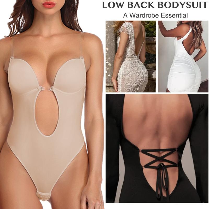 Women Shapewear Deep V-Neck Body Shaper Backless U Plunge Thong Shapers Waist Trainer Women's Clear Strap Padded Push Up Shapewear