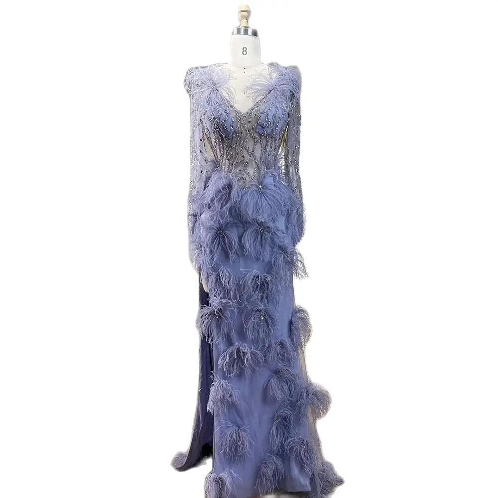 New caramel color sexy neck fishtail beads feather banquet wedding officiating dress dress LA11989