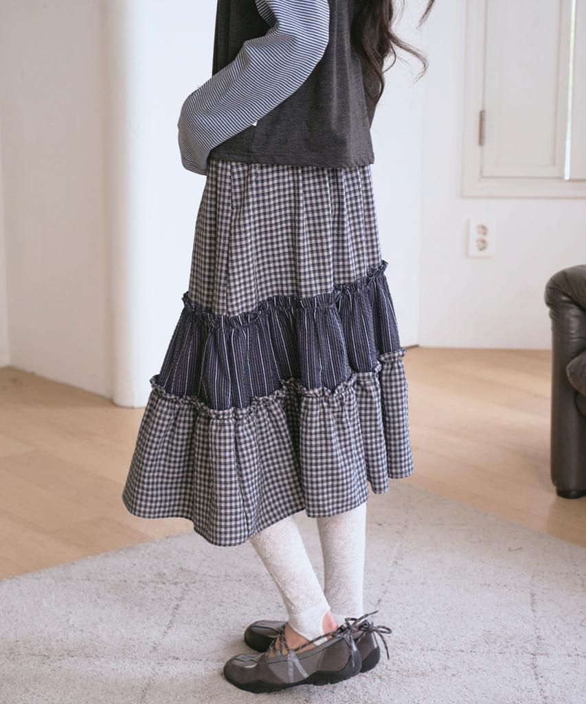 The Green Lab Vintage Tiered Check Skirt [Navy]