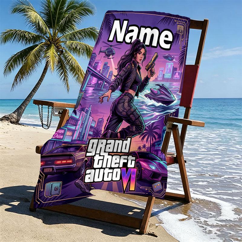 Custom Name Personalized Grand Theft Auto Print Beach Towel, for Trip Camping Beach Party Home Decor, Birthday Gift for Family & Friends