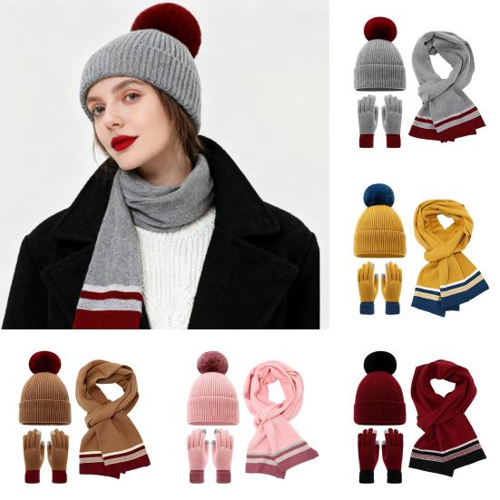 3Pcs/Set Women Winter Hat Scarf Gloves Set Plush Ball Decor Elastic Knitting Hat Long Scarf Touch Screen Gloves Set