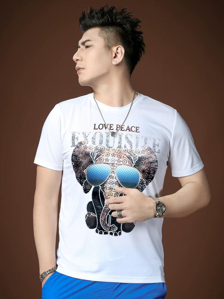 European Trendy Brand Men's High-End Short-Sleeve T-Shirt 2025 New Summer Elephant Rhinestone Print Round Neck T-Shirt