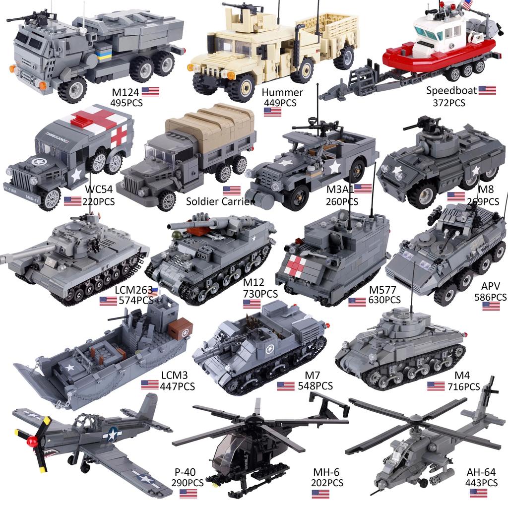 Вторая мировая война США Основной боевой танк M26 M12 Бронированный автомобиль Военный медицинский автомобиль Скоростной катер Сцена войны Грузовой перевозчик Кирпичи Игрушки Подарок для мальчиков