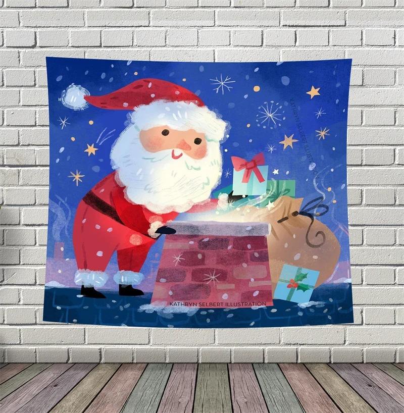 Cartoon Santa Claus Pattern Tapestry Home Bedroom Living Room Wall Decoration Christmas Theme Tapestry