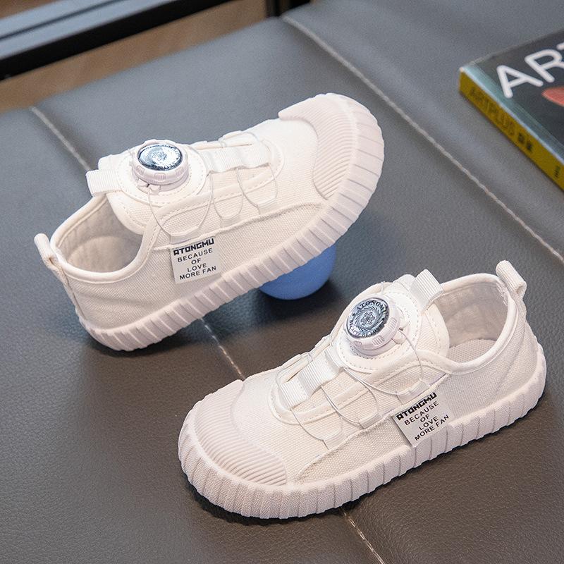 Children's Canvas Shoes Girls Spring and Autumn Versatile Casual Shoes Students Rotating Buckle Breathable White Performance Shoes Little Boy