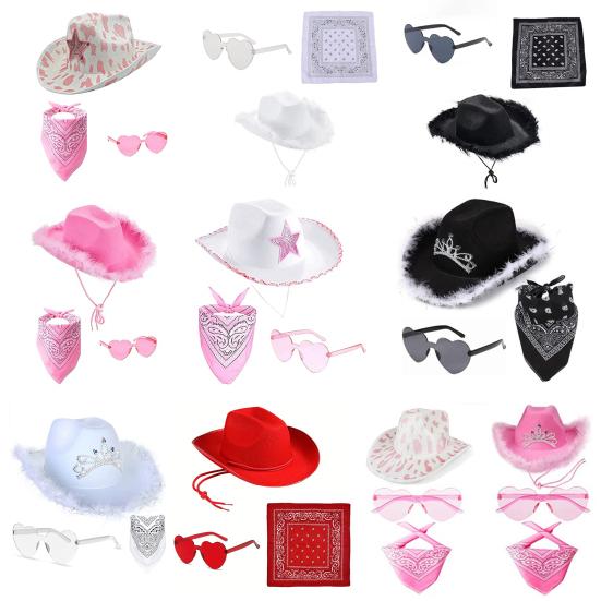 3 шт./компл. ковбойская шляпа, женская розовая фетровая шляпа в стиле вестерн, ковбойская шляпа с банданой, очки, аксессуары, головной убор