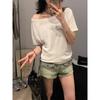 White Solid Color Off-shoulder Off-shoulder Short-sleeved T-shirt for Women 2024 Summer New One-shoulder Loose-fitting Top