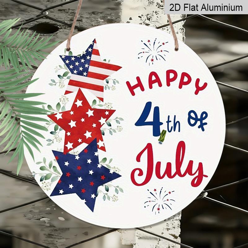2D Flat, 1Pc Round Aluminum Hanging Sign, Patriotic 4Th of July, Featuring Red, White, And Blue Decorations, Including Pentagrams And Fireworks