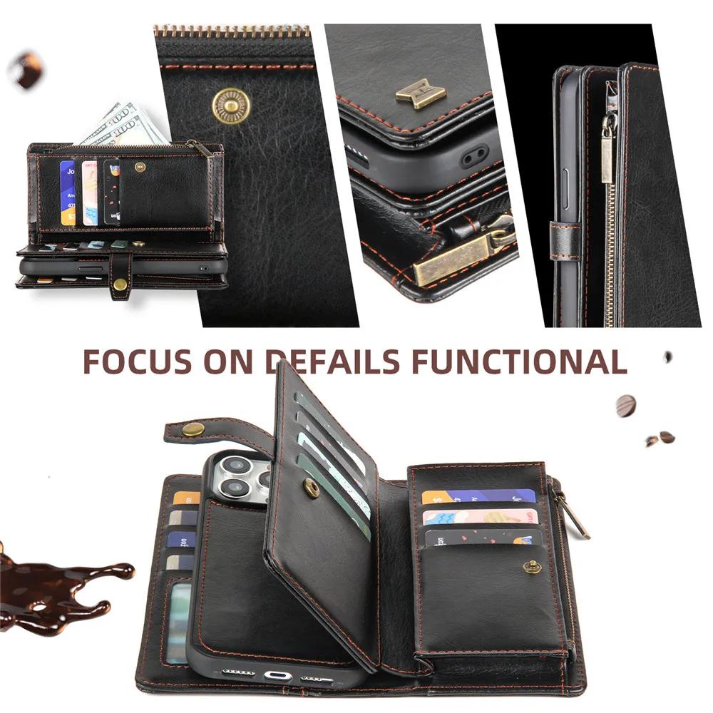 2 in 1 Detachable Cards Solt Zipper Purse Wallet Case For iPhone 16 Pro Max 15 14 Plus 13 12 11 XS X Magnetic Flip Leather Case