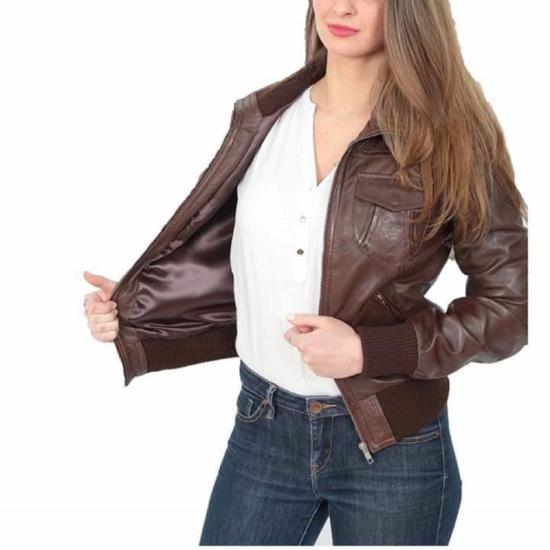 NOORA Lambskin VINTAGE Темно-коричневый кожаный бомбер, женская зимняя куртка, байкерская куртка