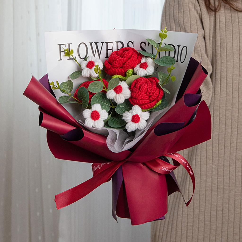 Crochet Flower Bouquet with LED String Lights Gift Bag for Mother's Day Gift, Knitted Bouquet Artificial Rose Flowers