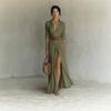 2026 Womens High-Waist Wrap-Style Long Sleeve Shirt Dress With Pleats Side Slit Belt V-Neck Casual Vacation