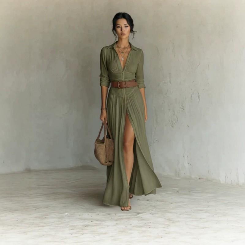 2026 Womens High-Waist Wrap-Style Long Sleeve Shirt Dress With Pleats Side Slit Belt V-Neck Casual Vacation
