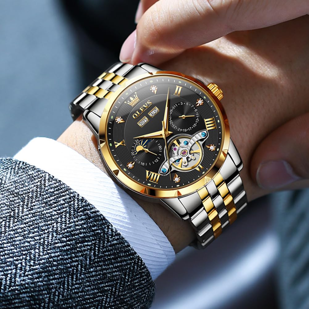 OLEVS механические автоматические часы с фазами Луны стильные скелетонированные водонепроницаемые популярные светящиеся часы для мужчин черные золотые мужские и