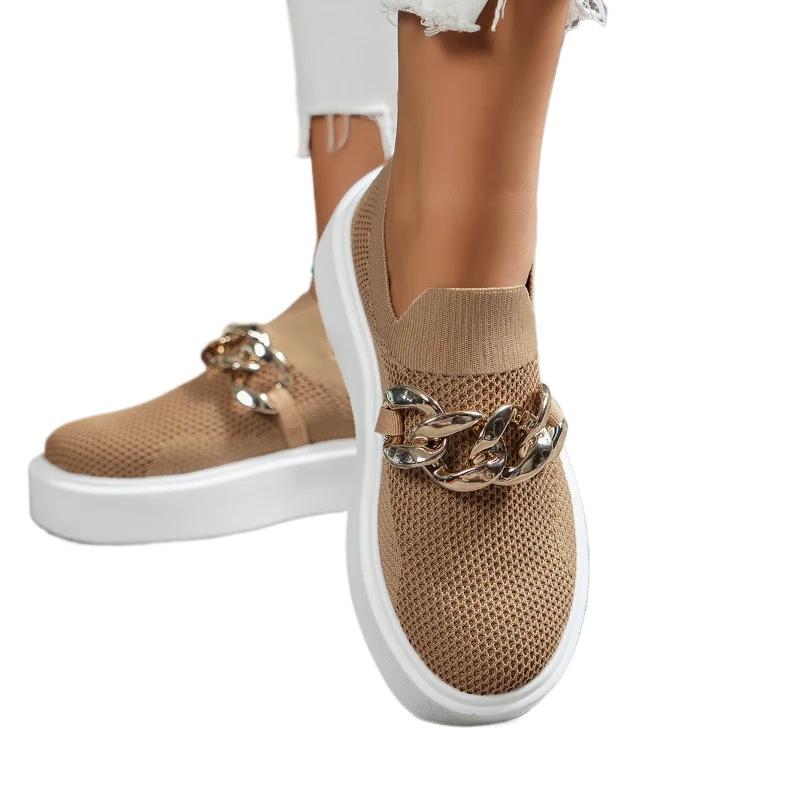 Metal Chain Women's Sneakers Knit Ladies Flats Shoe Breathable Platform Loafers High Quality Slip-on Mesh Casual Shoes for Women